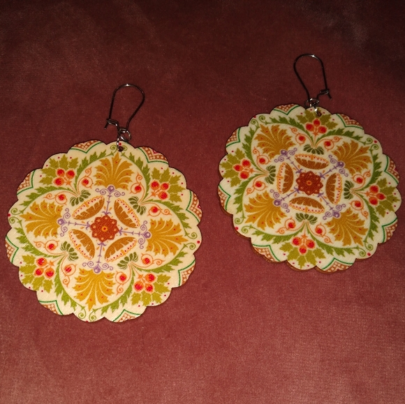 Big 60s Retro Flower Mandala Earrings Bohemian Lightweight Wood Green Gold Boho - Picture 2 of 7